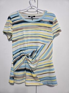 DKNY Striped Twist Front Top Medium Blue Yellow Short Sleeve‎